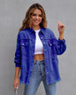 Ripped shirt jacket for women in blue, featuring a stylish design and frayed edges, perfect for casual wear.