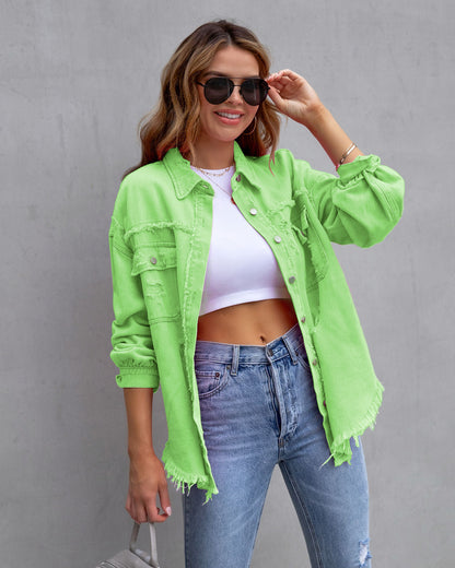 Ripped shirt jacket for women in light green, featuring a stylish design and frayed edges, perfect for casual wear.