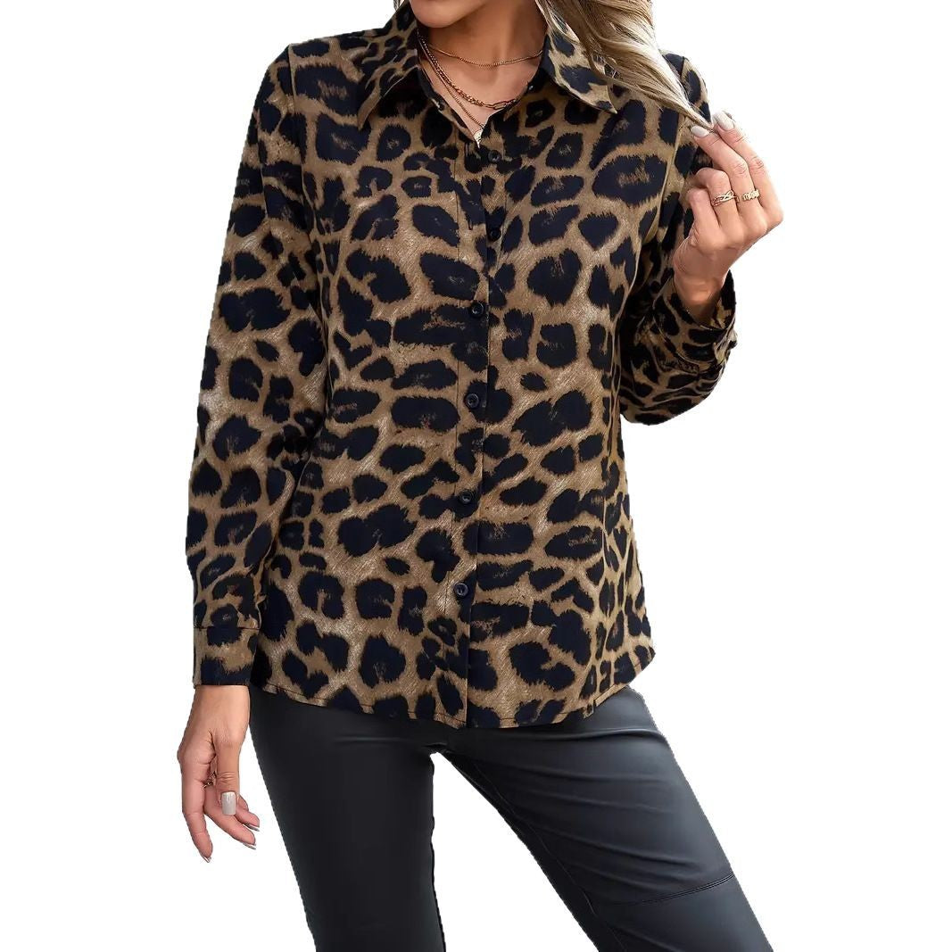 Leopard Print Collar Buckle Long-sleeved Shirt
