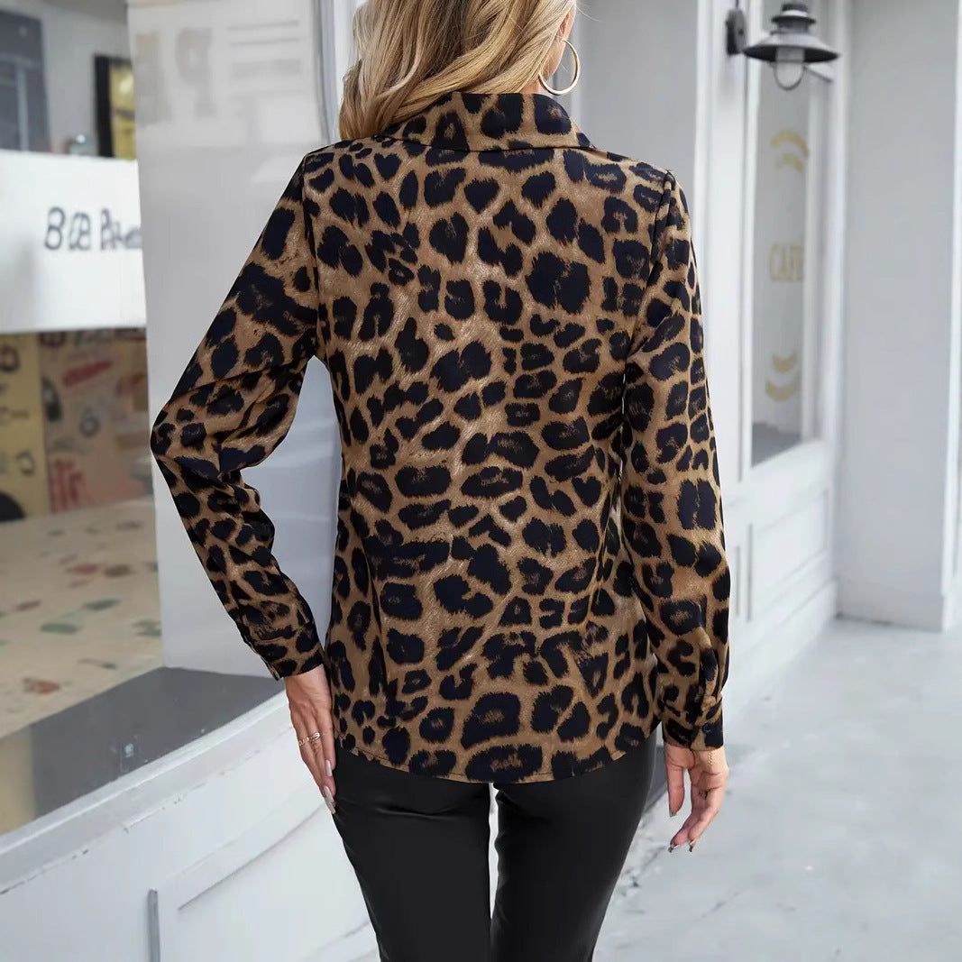 Leopard Print Collar Buckle Long-sleeved Shirt