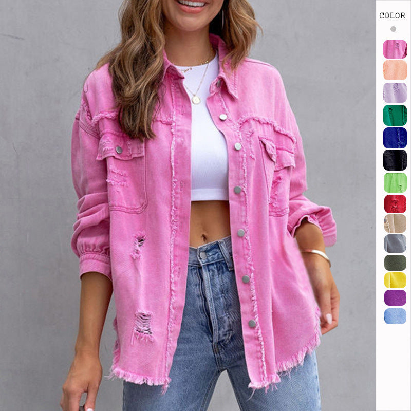 Ripped shirt jacket for women in pink, featuring a stylish design and frayed edges, perfect for casual wear.