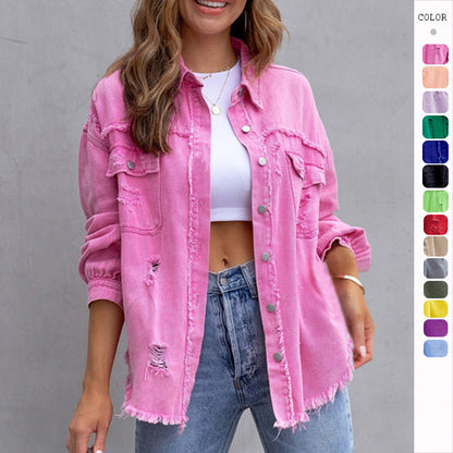 Ripped shirt jacket for women in pink, featuring a stylish design and frayed edges, perfect for casual wear.